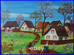 Kowalski Folk Art Village Oil Painting On Canvas With Frame