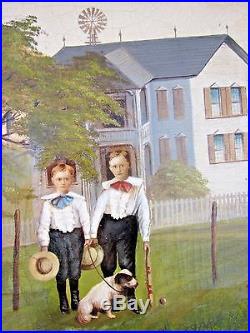 Large Early Texas Oil Painting Folk Art Pastoral Portrait Boys&dog Signed D. 1904
