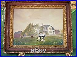 Large Early Texas Oil Painting Folk Art Pastoral Portrait Boys&dog Signed D. 1904