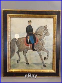 LG Antique SOLDIER & SWORD on HORSE Folk Art MILITARY Cavalry PORTRAIT PAINTING
