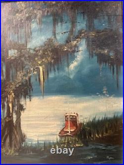 LOUISIANA Swamp Boat In Bayou Oil LANDSCAPE PAINTING SIGNED MYRA