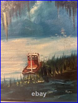LOUISIANA Swamp Boat In Bayou Oil LANDSCAPE PAINTING SIGNED MYRA