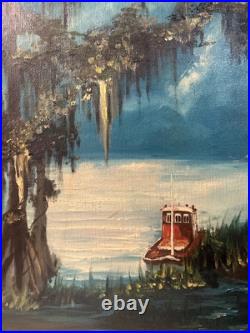 LOUISIANA Swamp Boat In Bayou Oil LANDSCAPE PAINTING SIGNED MYRA