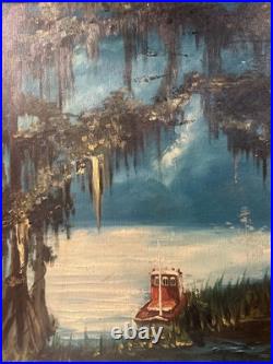 LOUISIANA Swamp Boat In Bayou Oil LANDSCAPE PAINTING SIGNED MYRA