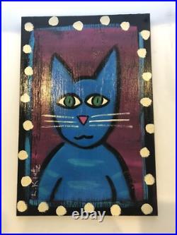 L. Kluttz Folk art painting on Wood board of Blue Cat, 12 X 18
