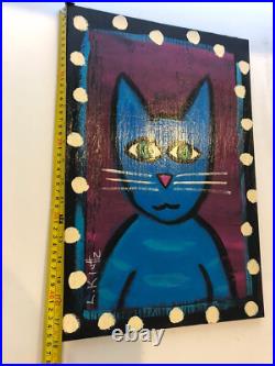 L. Kluttz Folk art painting on Wood board of Blue Cat, 12 X 18