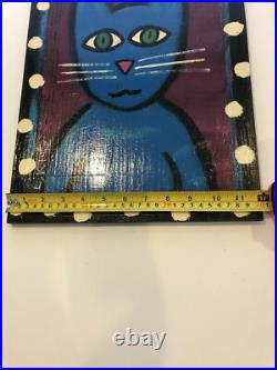 L. Kluttz Folk art painting on Wood board of Blue Cat, 12 X 18