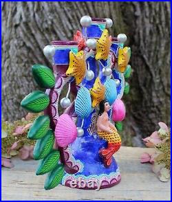 La Sirena Mermaid Candelabra Handmade & Hand Painted Puebla Mexican Folk Art