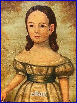 Large 19thC Antique Folk Art O/C Portrait Painting Young Girl Standing Circa1850