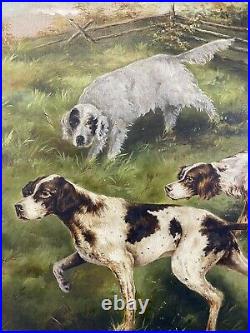 Large 19th Century American School Three Hunting Dogs in Landscape Oil on Canvas