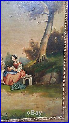 Large 19th century folk art painting Mother & Children in Nature beautiful