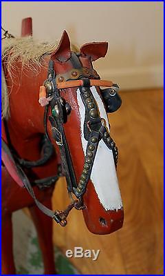 Large 32in Hand Carved & Folk Art Painted Work Horse & Leather Halter Harness