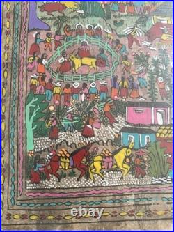 Large Amate Bark Painting Mexico Folk Art Vibrant Colors Framed 2001 34x22