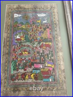 Large Amate Bark Painting Mexico Folk Art Vibrant Colors Framed 2001 34x22