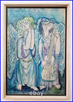 Large Antique Angel Oil Painting Signed 1963 Mid-century Modern Framed