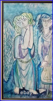 Large Antique Angel Oil Painting Signed 1963 Mid-century Modern Framed