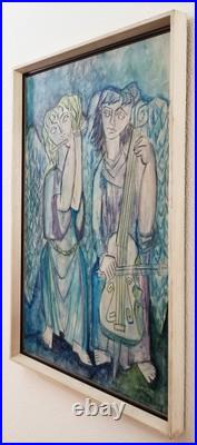 Large Antique Angel Oil Painting Signed 1963 Mid-century Modern Framed
