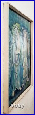 Large Antique Angel Oil Painting Signed 1963 Mid-century Modern Framed