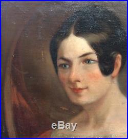 Large Antique Early 19thC American Folk Art Portrait Woman In Period Clothing