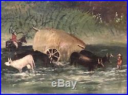 Large Antique Folk Art Landscape Oil Painting on Canvas The Ford by WM Daly