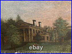 Large Folk Art American Antique Primitive Oil on Canvas Painting Old Mansion