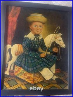 Large Folk Art Girl And Horse Scene Oil Painting- Framed