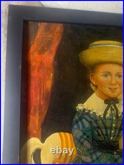 Large Folk Art Girl And Horse Scene Oil Painting- Framed