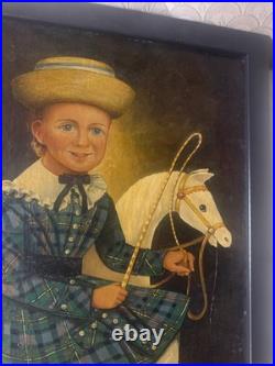 Large Folk Art Girl And Horse Scene Oil Painting- Framed