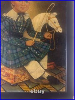 Large Folk Art Girl And Horse Scene Oil Painting- Framed