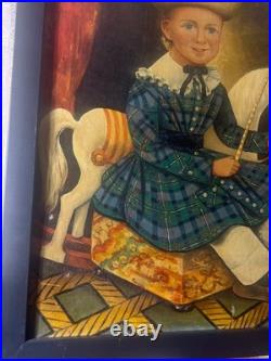 Large Folk Art Girl And Horse Scene Oil Painting- Framed