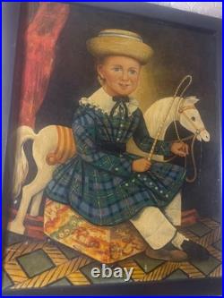 Large Folk Art Girl And Horse Scene Oil Painting- Framed