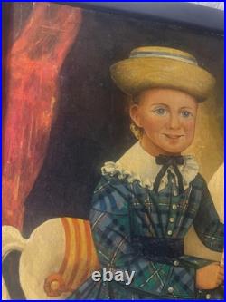 Large Folk Art Girl And Horse Scene Oil Painting- Framed