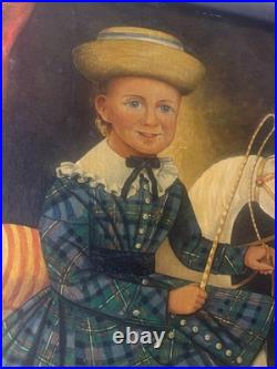 Large Folk Art Girl And Horse Scene Oil Painting- Framed