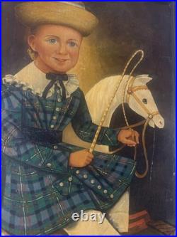 Large Folk Art Girl And Horse Scene Oil Painting- Framed