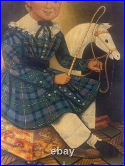 Large Folk Art Girl And Horse Scene Oil Painting- Framed