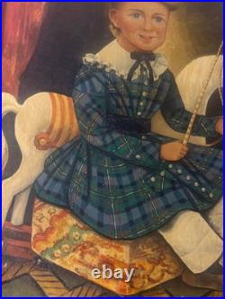 Large Folk Art Girl And Horse Scene Oil Painting- Framed