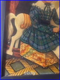 Large Folk Art Girl And Horse Scene Oil Painting- Framed