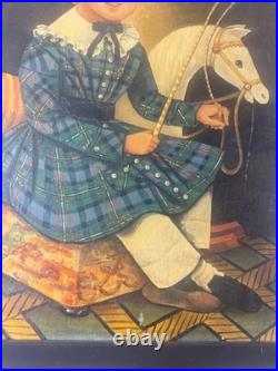 Large Folk Art Girl And Horse Scene Oil Painting- Framed