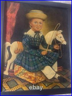 Large Folk Art Girl And Horse Scene Oil Painting- Framed