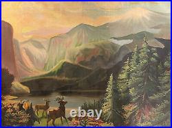 Large Folk Art Oil on Canvas Landscape Painting with Deer Rocky Mountains