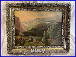 Large Folk Art Oil on Canvas Landscape Painting with Deer Rocky Mountains