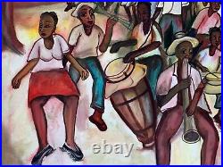 Large Hatian Caribbean Island Oil Painting Black Folk Art Haiti Village Festival