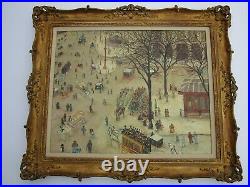 Large Masterful Folk Naive Painting Landscape People Busy Town Signed Whimsical