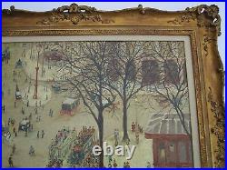 Large Masterful Folk Naive Painting Landscape People Busy Town Signed Whimsical