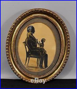 Large Miniature Antique 19thC Folk Art Silhouette Painting, Father & Daughter