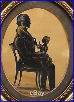 Large Miniature Antique 19thC Folk Art Silhouette Painting, Father & Daughter