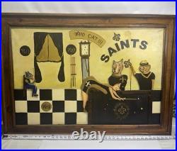 Large N. O. Saints Mixed Media 3D Folk Art Painting Framed 30x42 PoolHall Dog Bar Large N. O. Saints Mixed Media 3D Folk Art Painting Framed 30x42 PoolHall Dog Bar