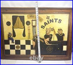 Large N. O. Saints Mixed Media 3D Folk Art Painting Framed 30x42 PoolHall Dog Bar Large N. O. Saints Mixed Media 3D Folk Art Painting Framed 30x42 PoolHall Dog Bar