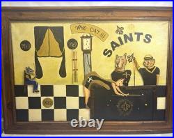Large N. O. Saints Mixed Media 3D Folk Art Painting Framed 30x42 PoolHall Dog Bar Large N. O. Saints Mixed Media 3D Folk Art Painting Framed 30x42 PoolHall Dog Bar