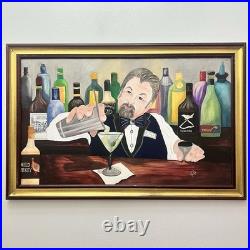Large Original Bartender Portrait Painting Martini Bar Folk Art Signed 40x26